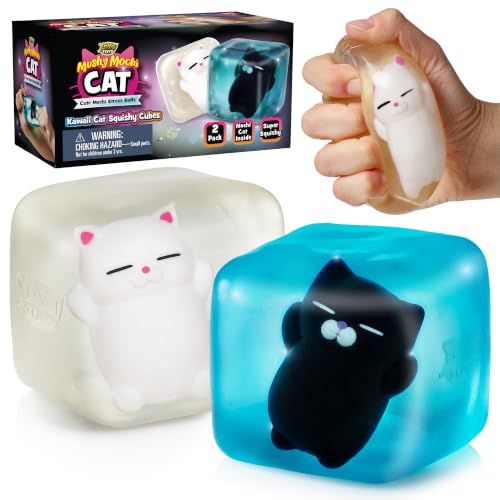 YoYa Toys MushyMochi Cat – Squishy Cubes 2-Pack – Fidget Cube Stress Balls with Mochi Cats – Cute Kawaii Stretch & Squeeze Squishies, Cool Cat Calming Sensory Toy – Great Gift for Kids - Boys & Girls